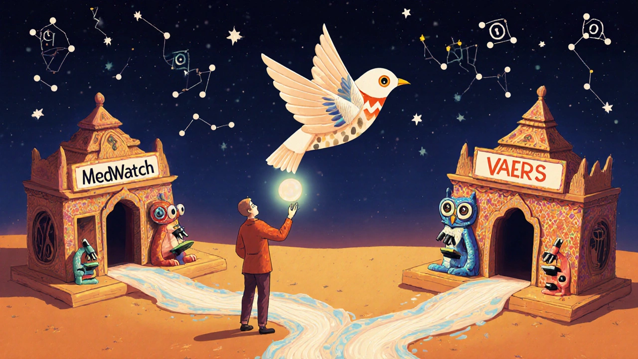 Un paziente dona un uccello di carta che si divide in due flussi verso templi MedWatch e VAERS, sotto un cielo stellato.