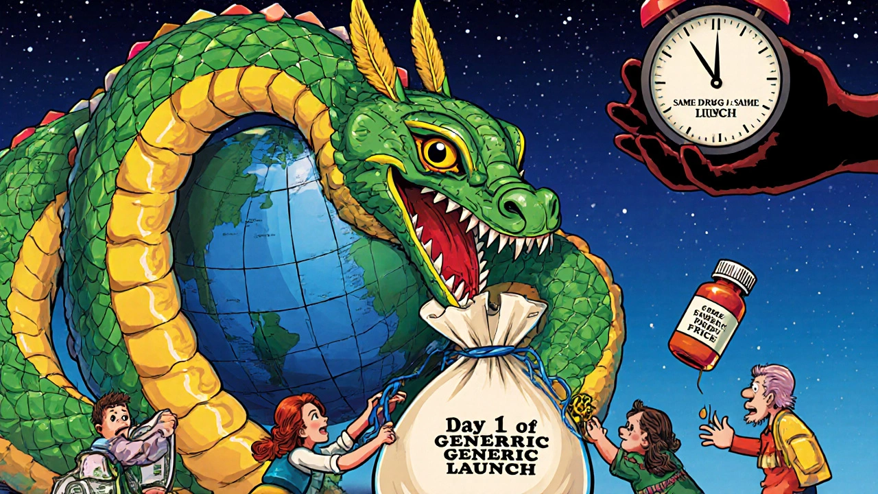 Un serpente mitico avvolge il mondo con brevetti, mentre pazienti faticano a sollevare un sacco di risparmi che fugge via.