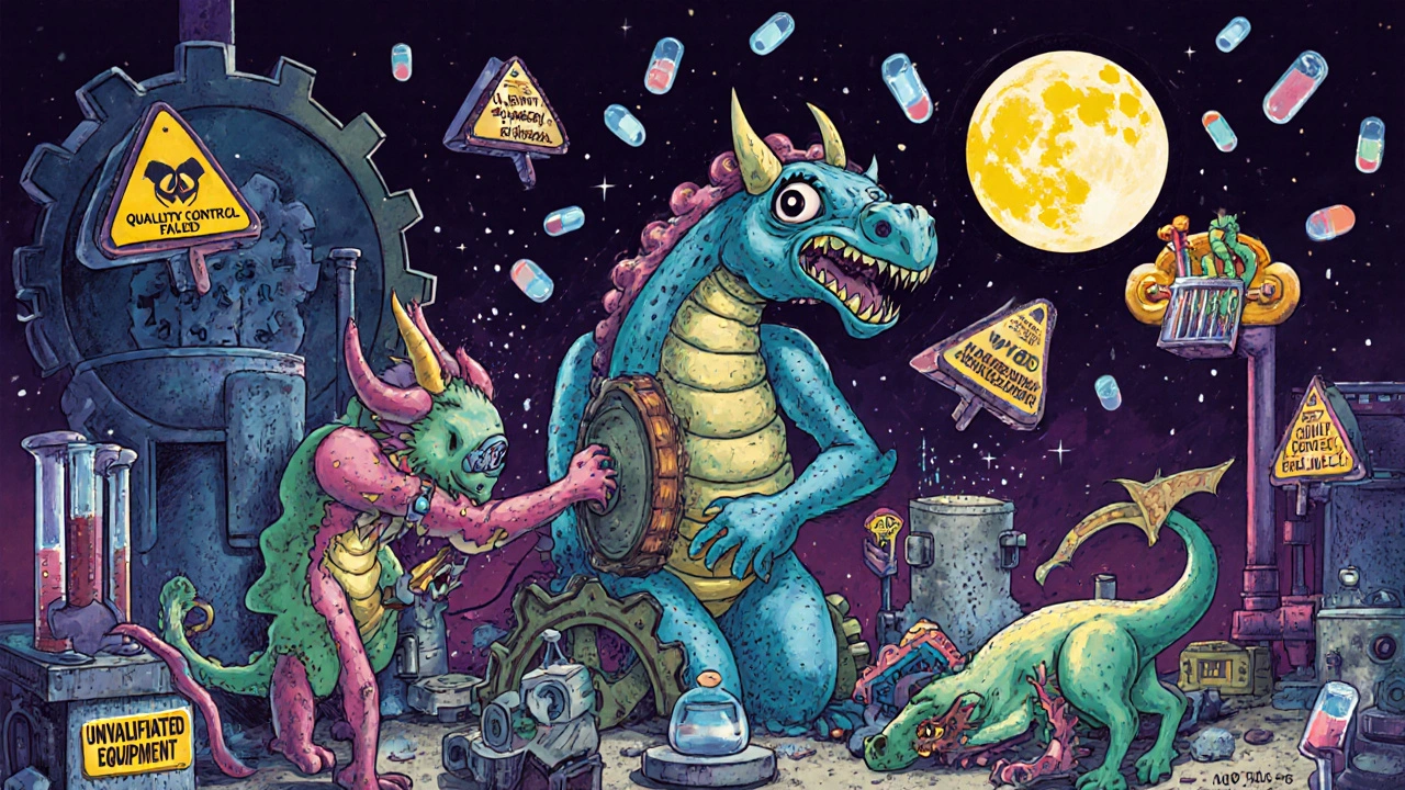 Una fabbrica fantastica con creature mitiche che producono farmaci, circondata da segnali di fallimento della qualità.