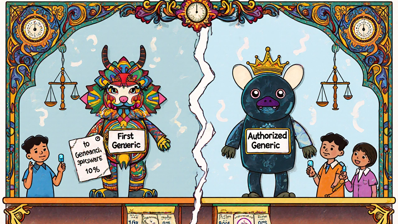 Uno scaffale di farmaci con due versioni identiche: una a prezzo basso, l&#039;altra quasi uguale, con pazienti confusi.