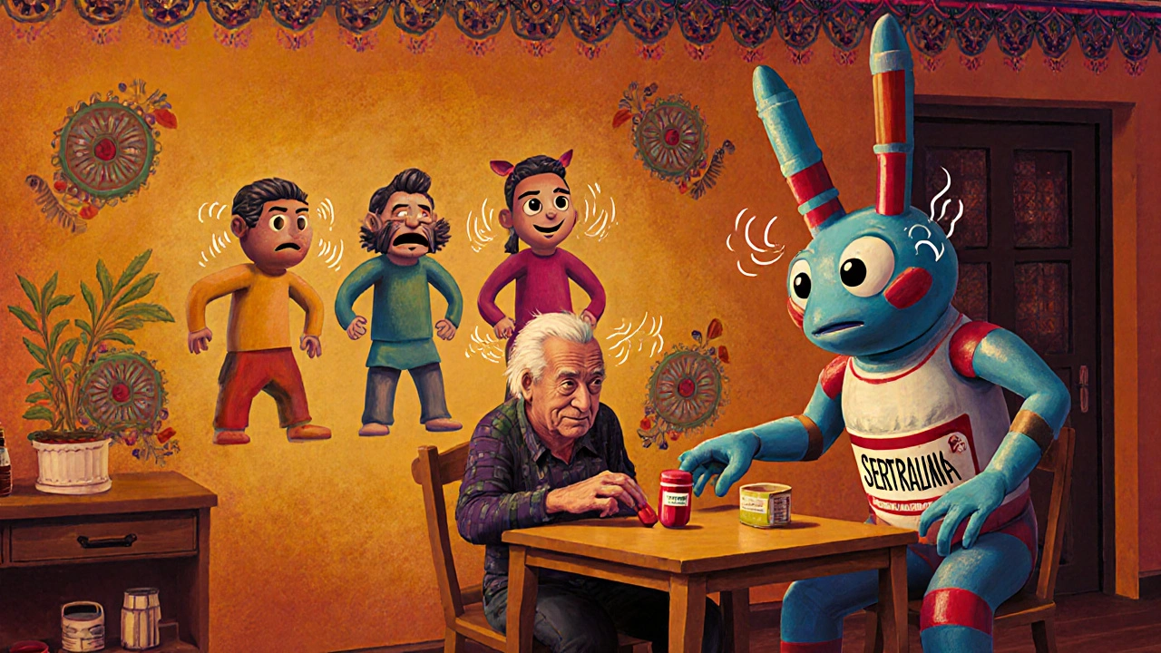 Uomo anziano al tavolo con un spirito alebrije che gli offre una pillola sicura.