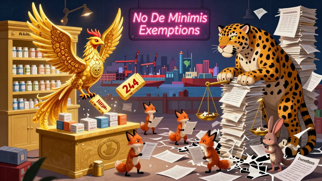 A phoenix-run pharmacy contrasts with chaotic paperwork chaos for small importers at a divided market.