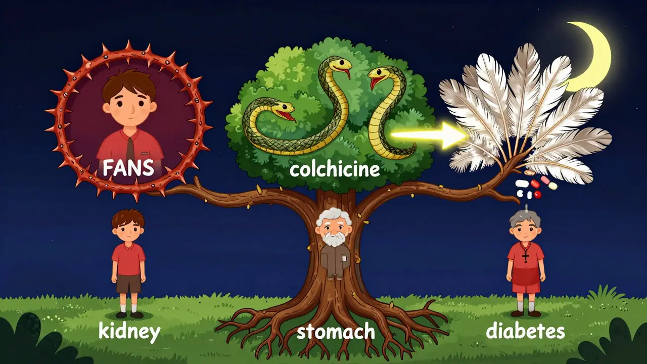 Albero magico con tre rami che rappresentano i trattamenti per la gotta, con silhouettes di pazienti diversi e radici che indicano controindicazioni.