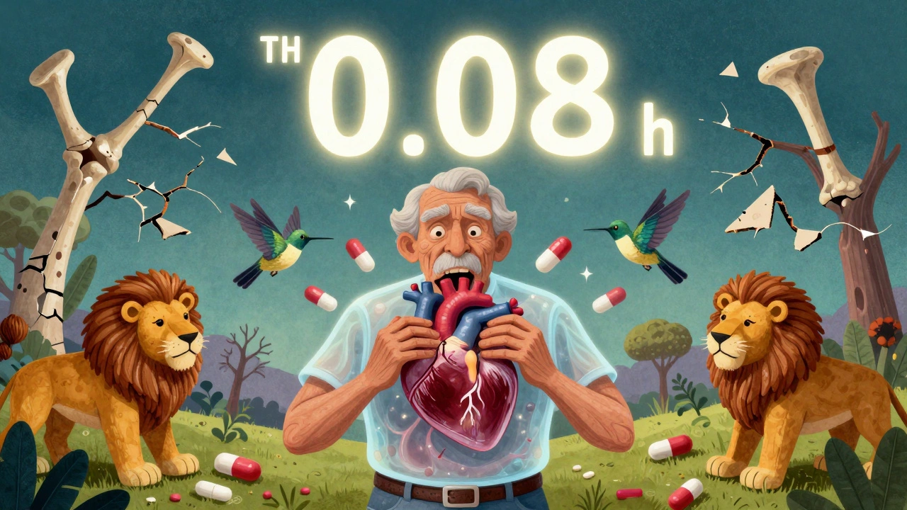 Anziano con cuore stressato e ossa fragili, circondato da pillole e creature spiriti protettive in stile alebrije.