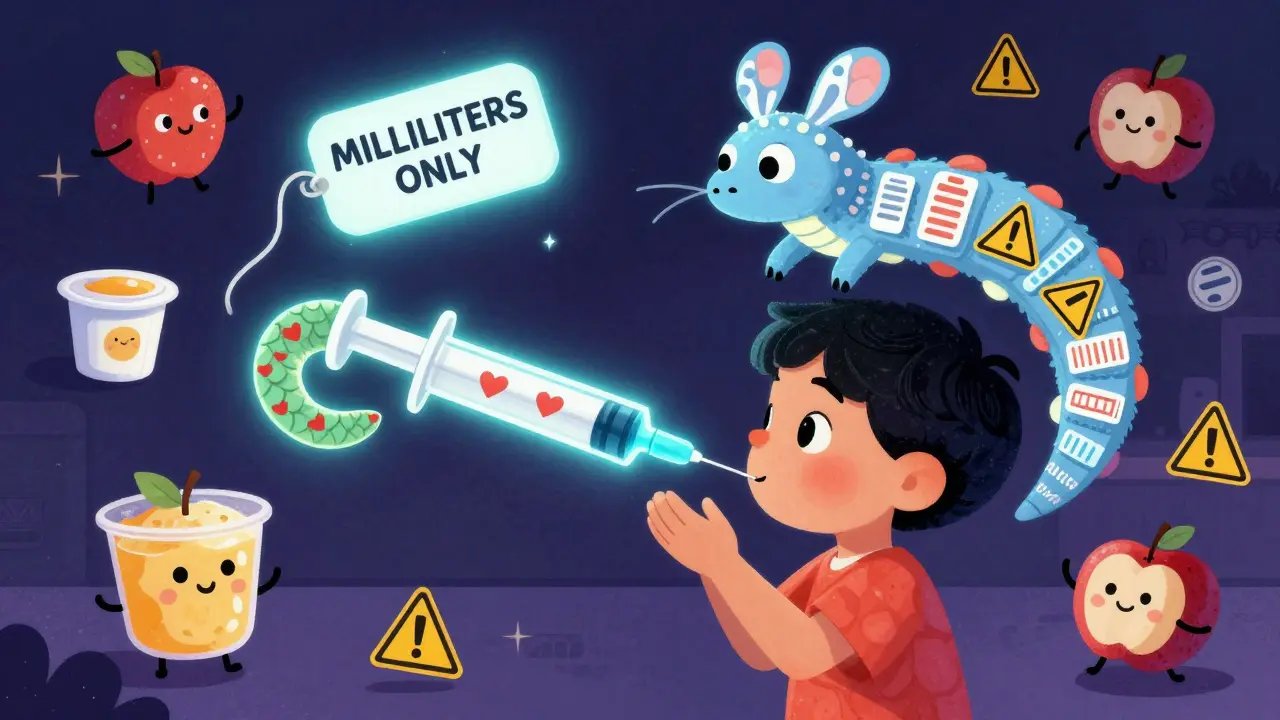 Bambino che riceve la medicina nella guancia da una siringa serpente, circondato da creature fatte di cibo e avvertimenti, con un menisco luminoso in cielo.