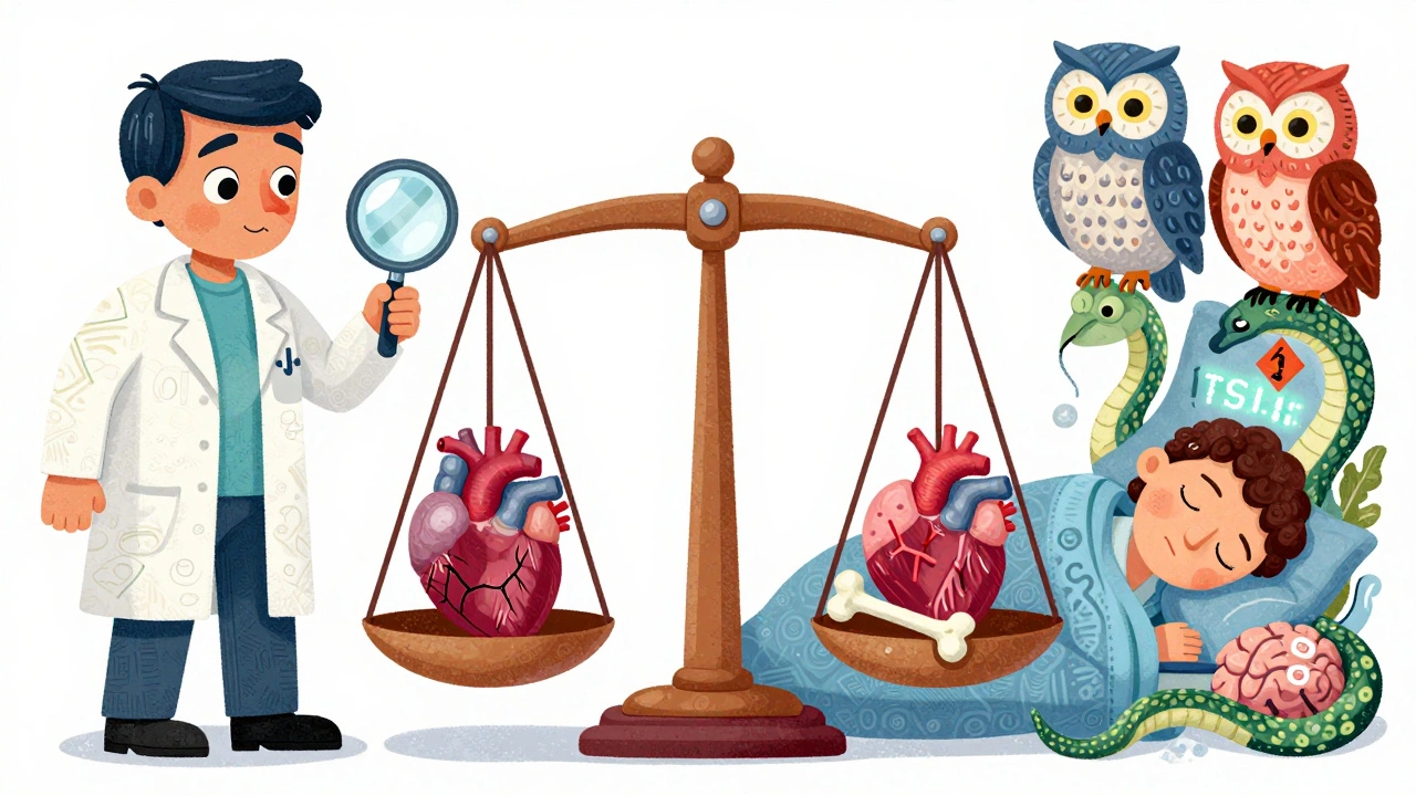 Bilancia medica con tiroide, cuore e osso, equilibrata da figure spiriti e valori TSH in stile alebrije colorato.