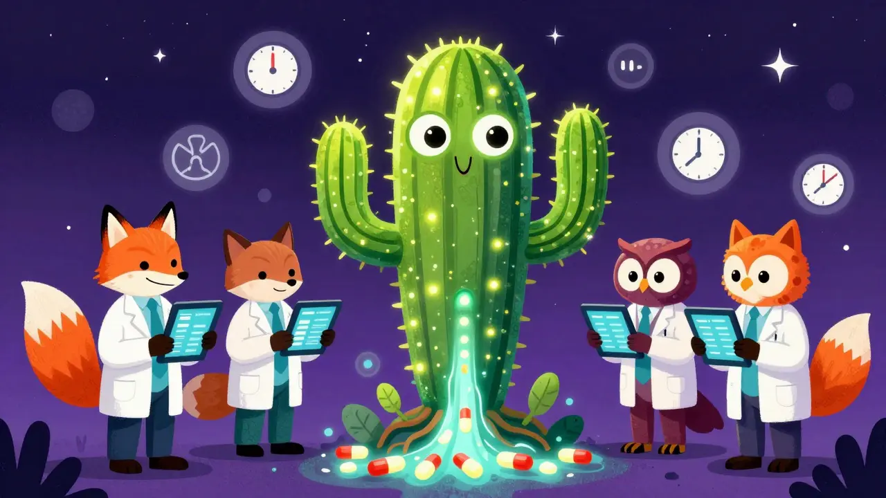 Centro antiveleni a forma di cactus magico con animali spiriti che gestiscono dati farmaceutici.