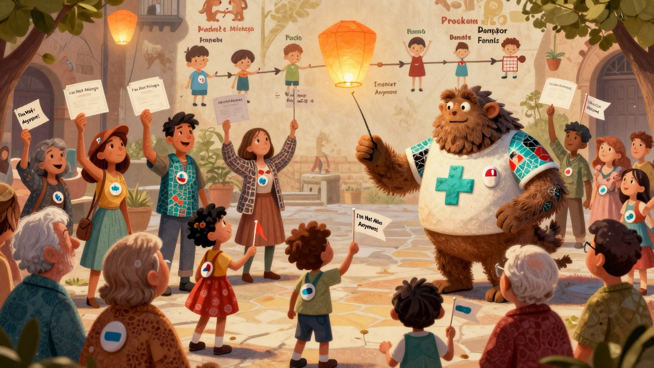 Comunità festante in una piazza italiana con persone che portano certificati di non allergia, guidate da un alebrije medico.