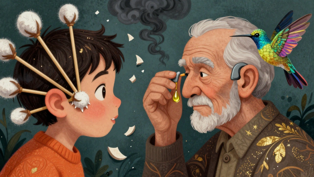 Contrasto tra pulizia pericolosa e cura sicura dell&#039;orecchio, rappresentato in stile Alebrije con animali spiriti.