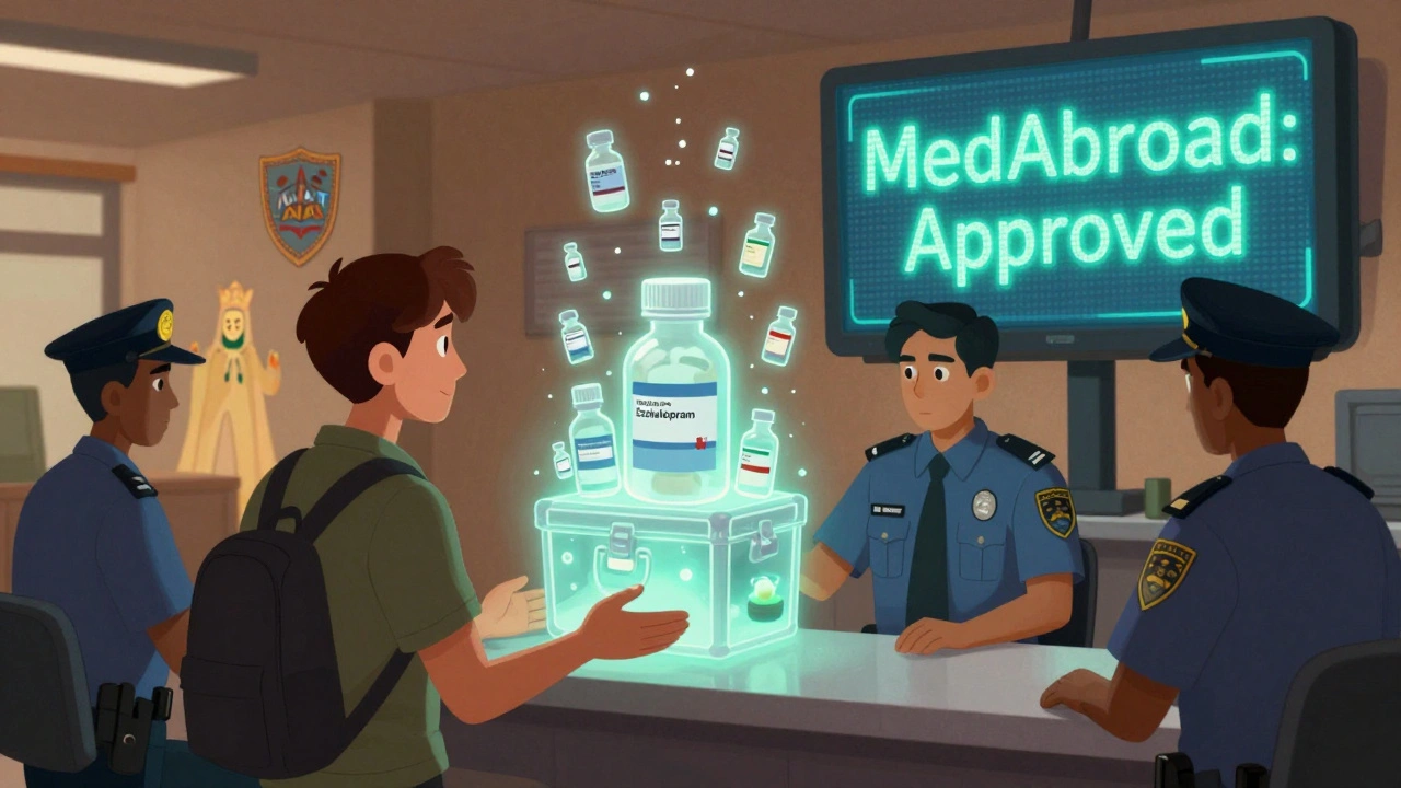 Controlli di sicurezza aeroportuali con farmaci che emettono nomi generici in luce, guidati da spiriti protettivi.