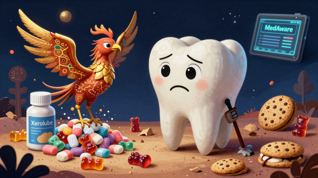 Dente gigante in un paesaggio orale con gomme e farmaci per la secchezza, con un fenice medicale in cielo.