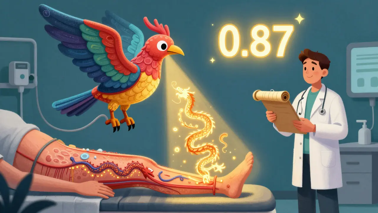 Dispositivo doppler a forma di uccello mitico che rivela ostruzioni arteriose come draghi sotto la pelle.