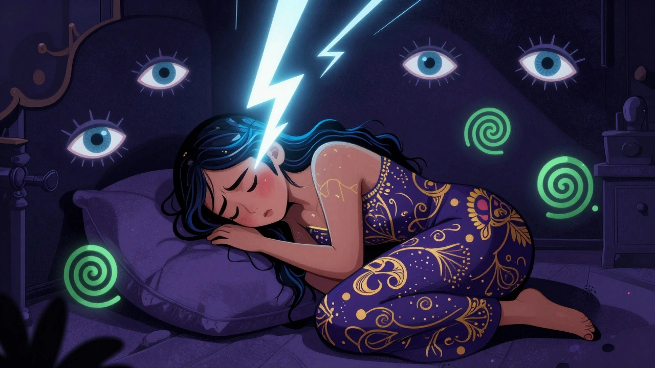 Donna al buio con dolore pulsante su un lato della testa, simboli di luce e suono intorno a lei.