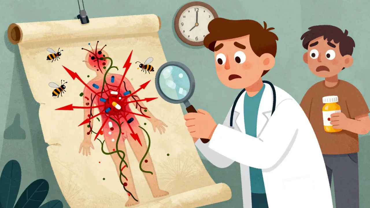 Dottore che osserva un disegno del corpo esploso in zone di dolore, con pillole che soffocano il corpo.