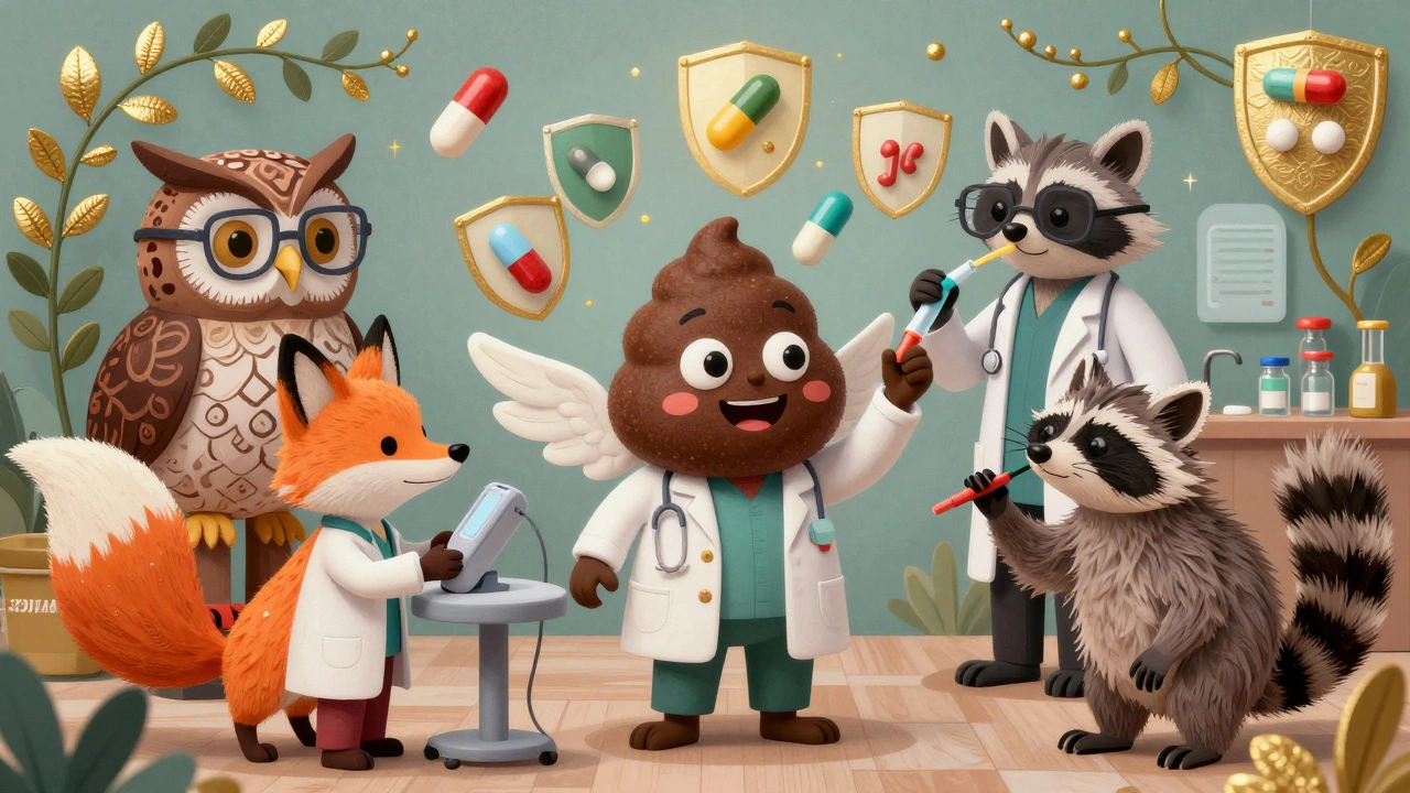 Dottori animali che esaminano un campione di feci alato in una clinica illustrata.