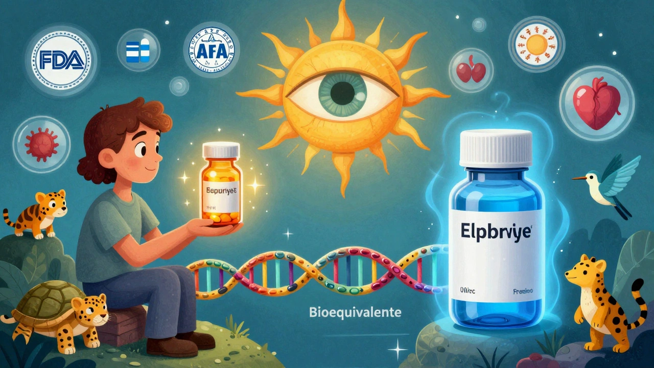 Due farmaci, di marca e generico, collegati da un ponte di DNA, con animali mitici che rappresentano condizioni mediche.