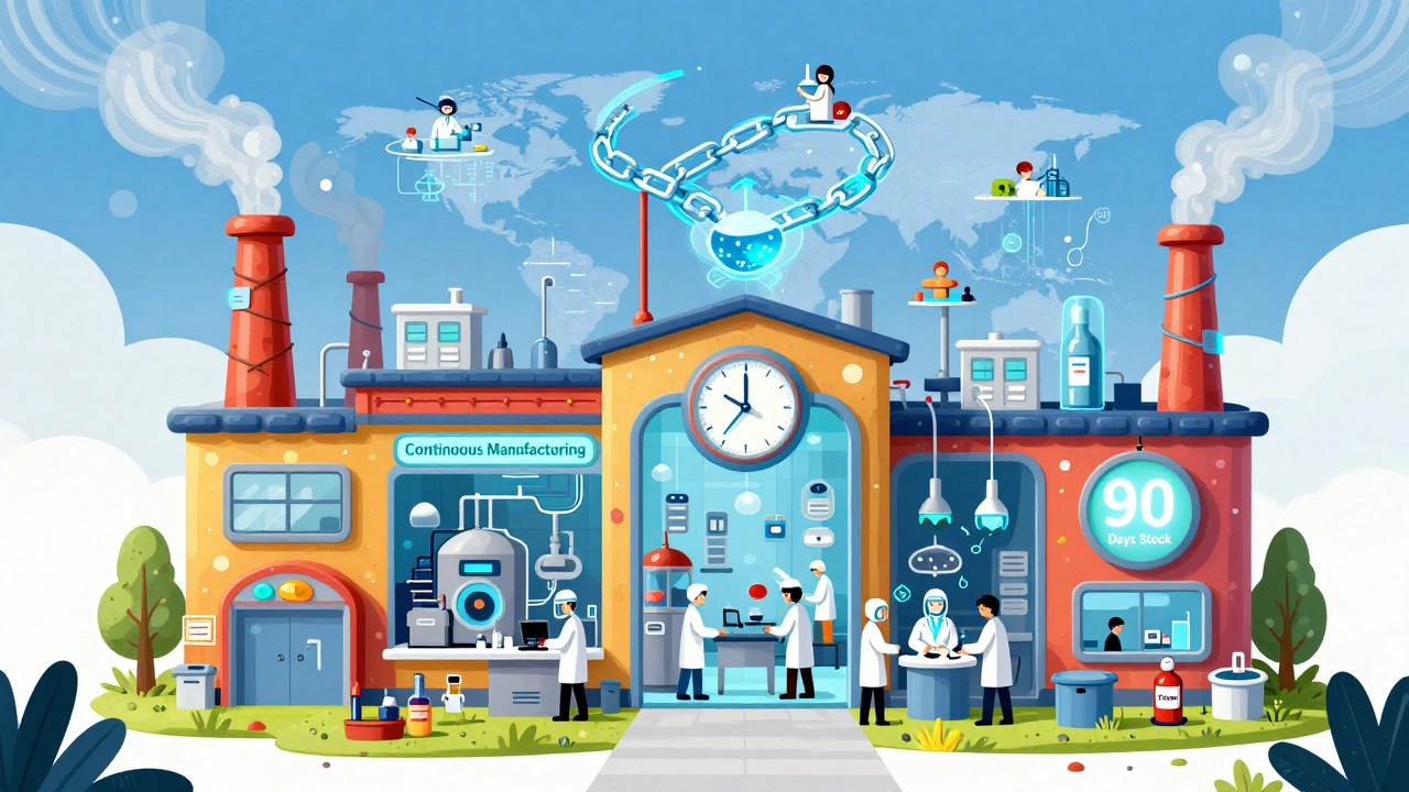 Fabbrica farmaceutica a forma di alebrije con flussi di dati e catena blockchain che collega pazienti in tutto il mondo.