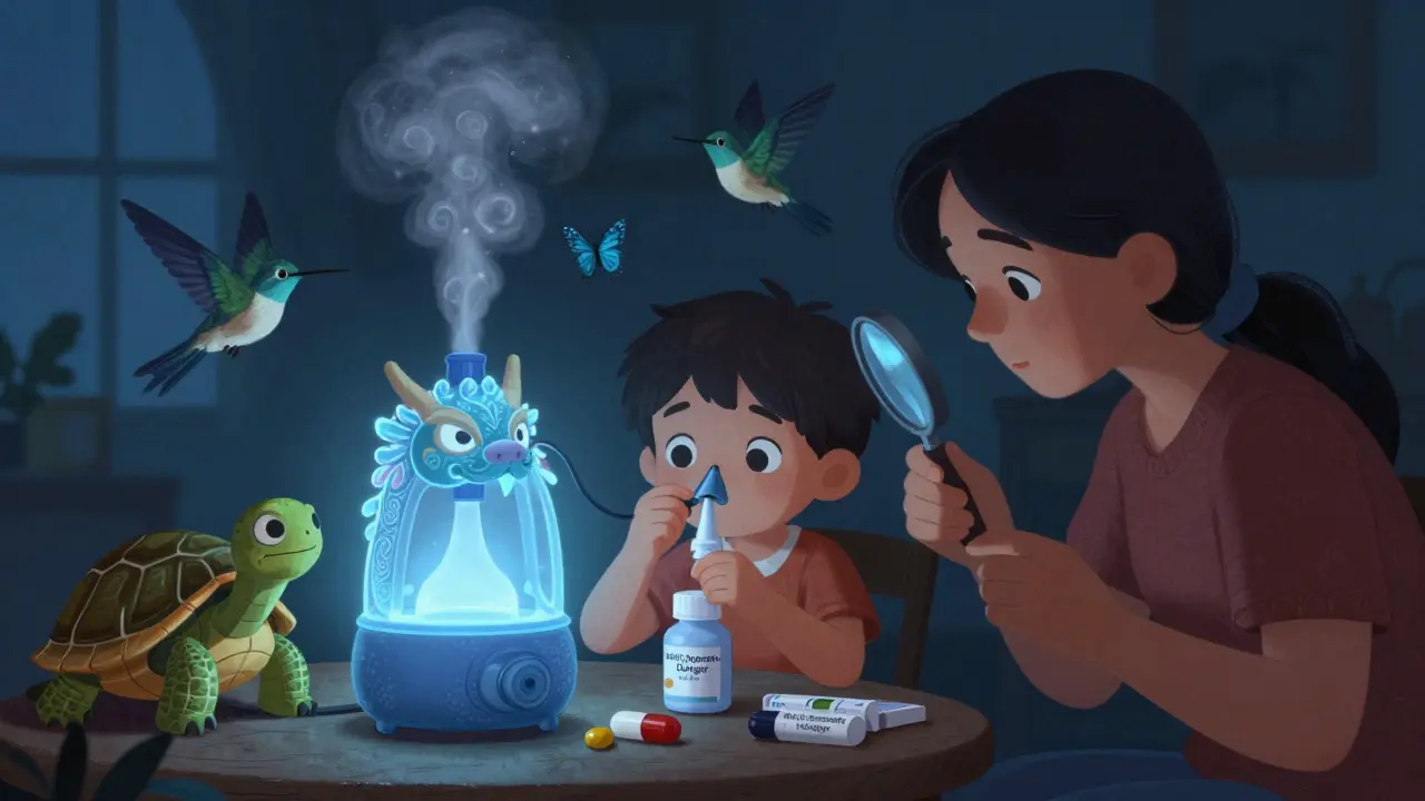 Famiglia che usa un umidificatore e risciacquo salino per respirare bene senza rischi per la pressione.