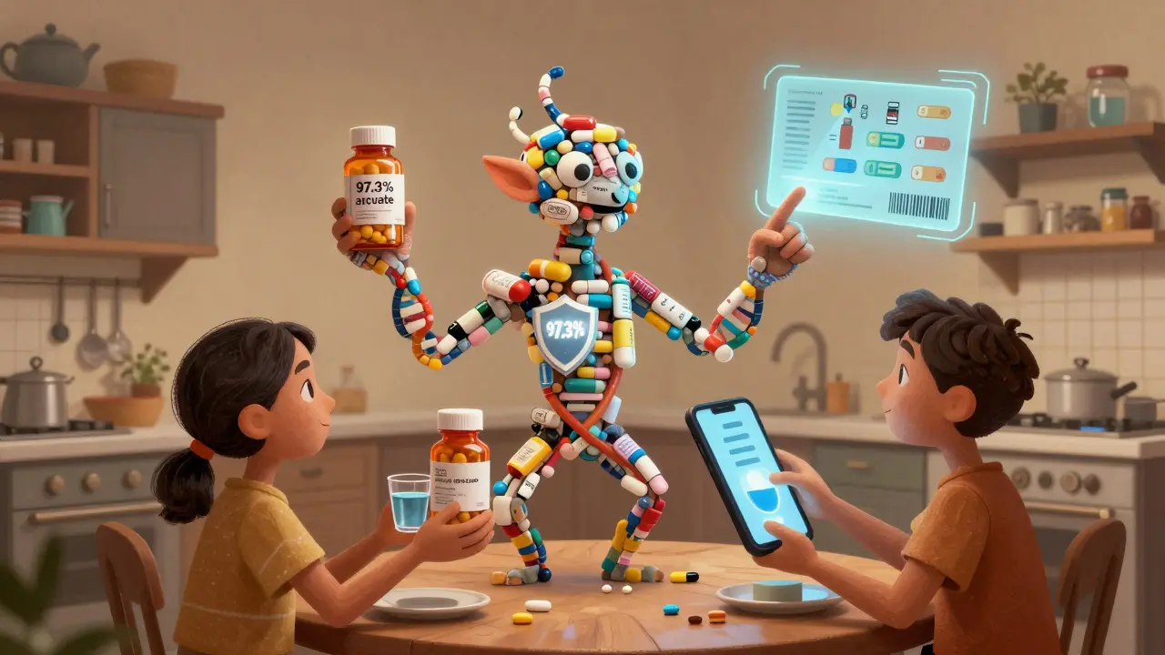 Famiglia con farmaci e spirito alchemico che guida un piano d'azione con uno smartphone.