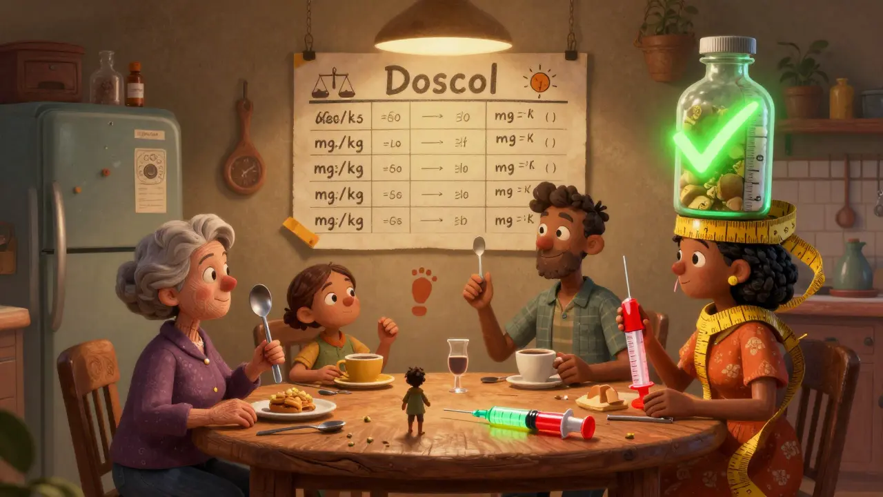 Famiglia in cucina con strumenti di misurazione diversi, mentre un animale magico indica la siringa corretta su una mappa appesa al frigorifero.