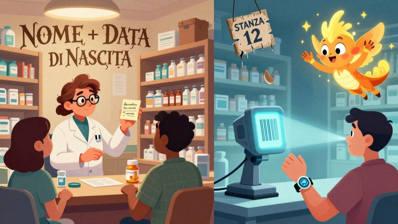 Farmacia comunitaria vs ospedaliera: a sinistra, un nome scritto a mano; a destra, uno scanner e uno spirito protettivo.