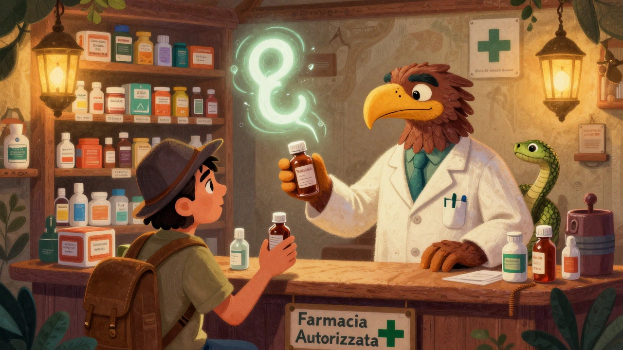 Farmacista alebrije che consegna farmaci a un viaggiatore in una farmacia colorata con lettere mediche fluttuanti.