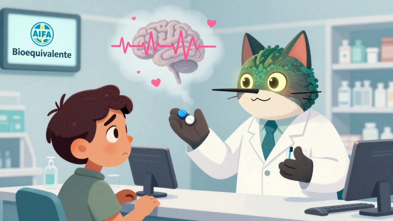 Farmacista alebrije con un uccello e un gatto che spiega due pillole diverse a un paziente preoccupato.