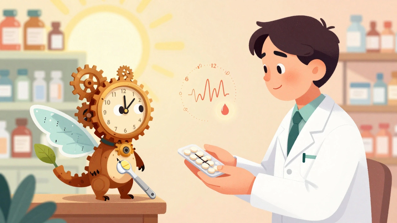 Farmacista che consegna una compressa divisa con un tagliapillo, circondato da creature simboliche di dosaggio sicuro.