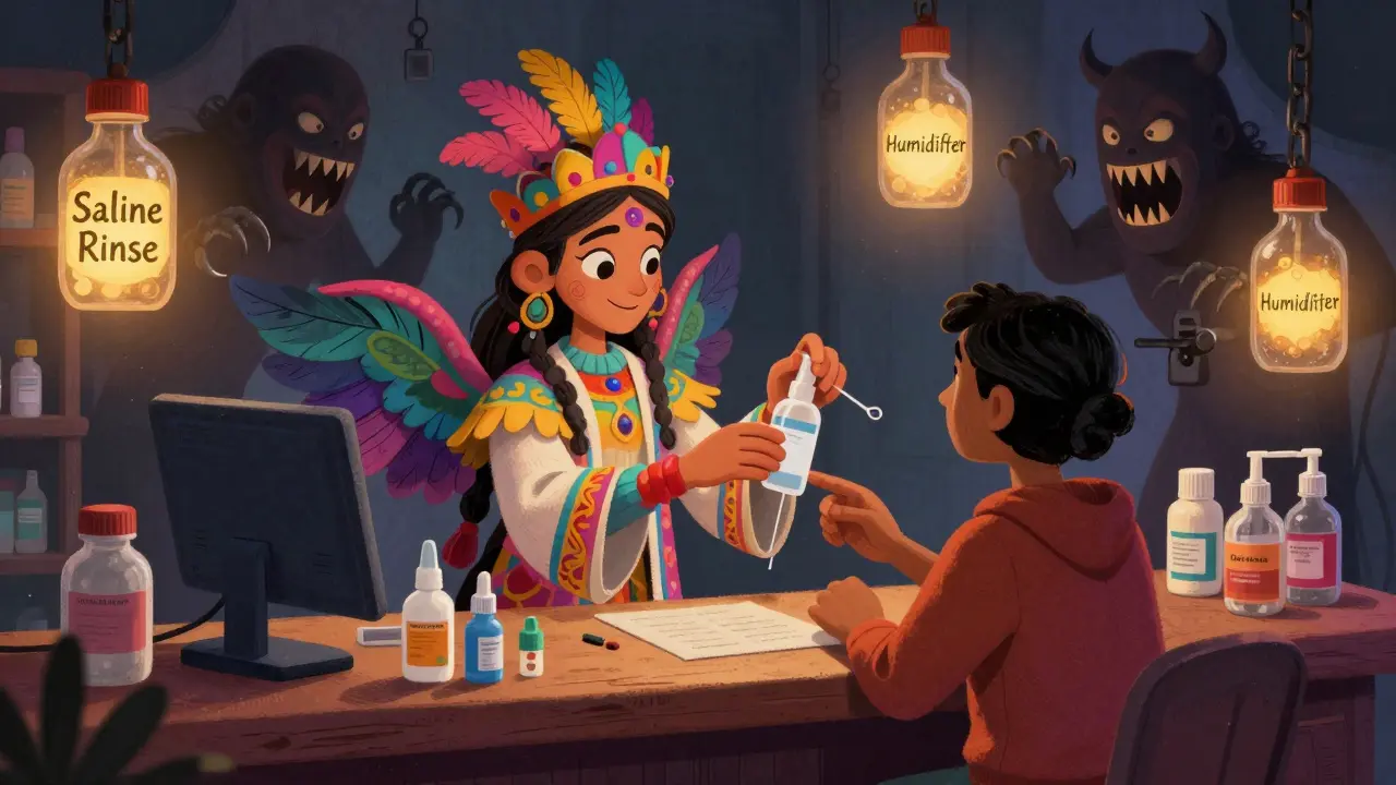 Farmacista che offre una soluzione salina sicura, mentre farmaci pericolosi sono rinchiusi.