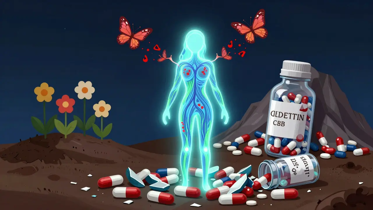 Figura rilassata che emerge da pillole rotte, circondata da farfalle di neuroni e fiori di terapie non oppioidi.