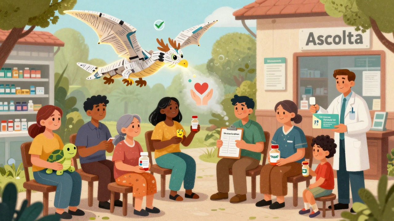 Gruppo di pazienti in un cortile con flaconi a forma di animali, mentre un drago alebrije vola sopra di loro con simboli di salute.