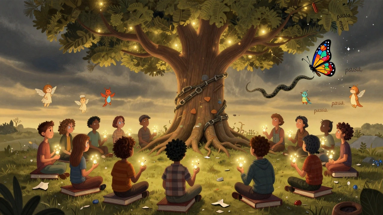 Gruppo di persone in cerchio con pensieri trasformati in farfalle di vetro, stile alebrije colorato e spirituale.