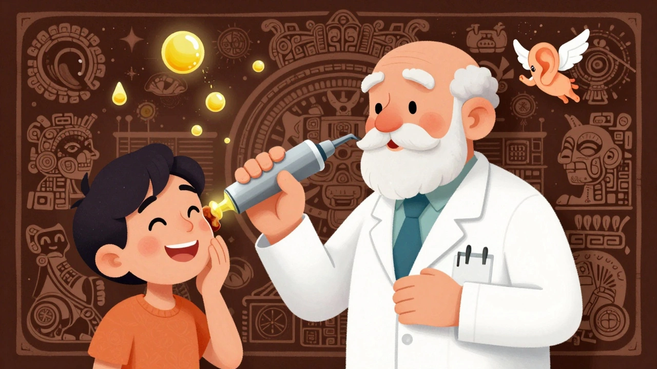 Medico con strumento magico che rimuove il tappo di cerume, circondato da rimedi naturali in stile Alebrije.
