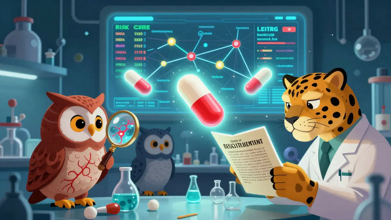 Owls and jaguars analyze floating pill samples under glowing regulatory codes in a surreal lab.