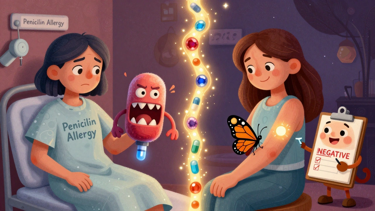 Paziente diviso in due: uno con un antibiotico minaccioso, l&#039;altro con una farfalla sicura dopo un test allergologico.