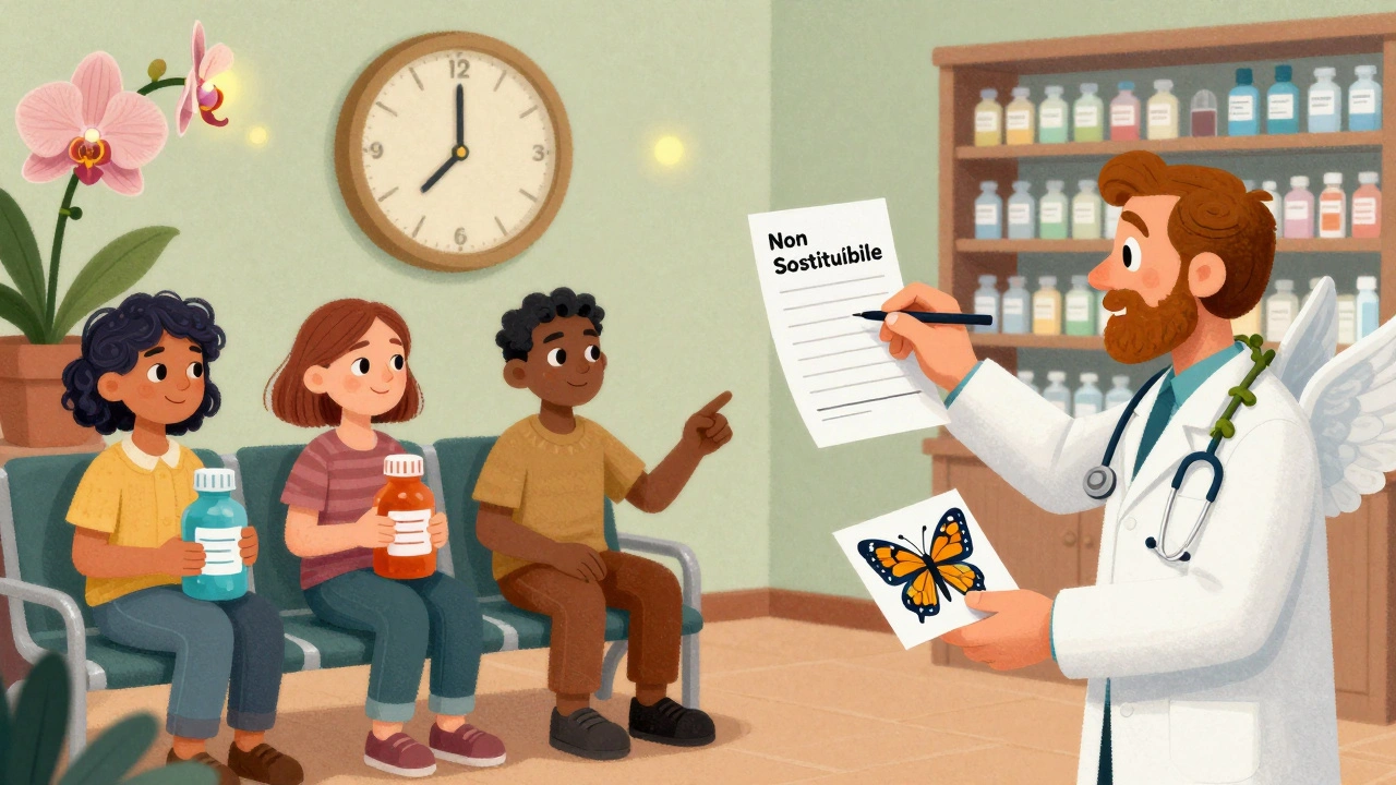 Pazienti con farmaci a forma di creature fantastiche, mentre un medico scrive &#039;non sostituibile&#039; su una ricetta fluttuante.