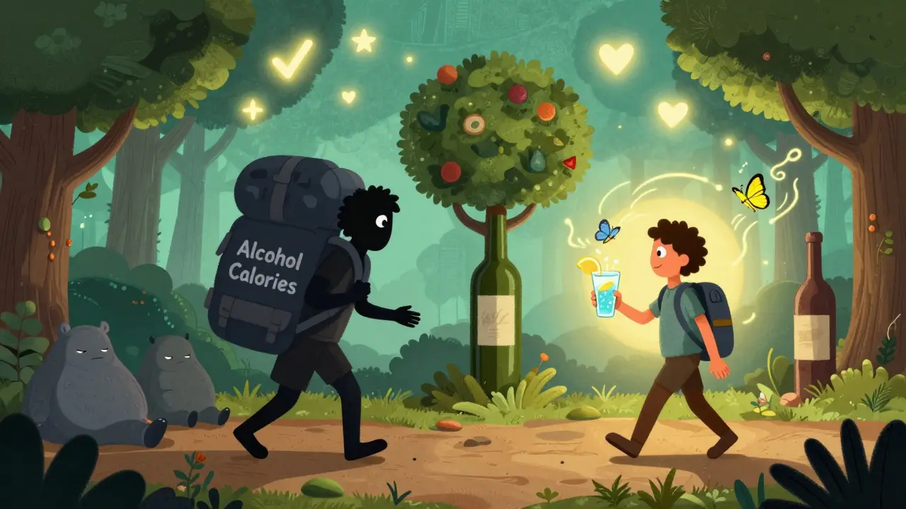 Percorso magico che mostra il cambiamento da persona oppressa dall'alcol a persona leggera e energica, in stile Alebrije.