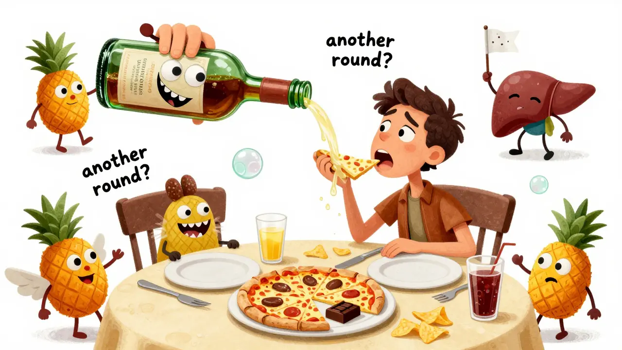 Persona a tavola circondata da cibo e una bottiglia magica che versa calorie, con creature folcloristiche che la incoraggiano a bere.