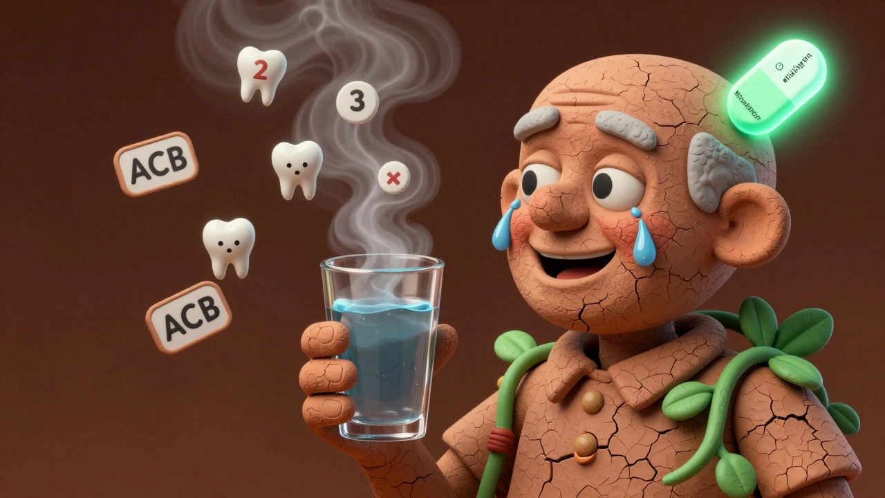 Persona anziana con bocca secca e pillole ACB, circondata da una pillola alternativa luminosa e salutare.