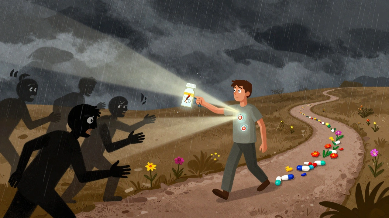 Persona che cammina attraverso una tempesta tenendo una bussola a forma di flacone di farmaci, con tre raggi di luce che simboleggiano le sue abitudini quotidiane.