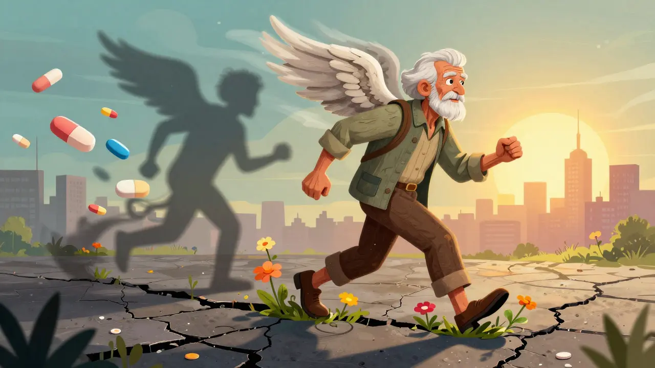 Persona che cammina con ali di determinazione, trasformando il dolore in fiori e sconfiggendo la malattia.