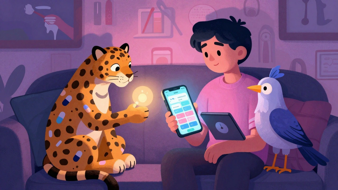 Persona con un&#039;app di medicazione flessibile e due animali spirituali che la supportano, in una stanza illuminata da luci soffuse e motivi folk art.