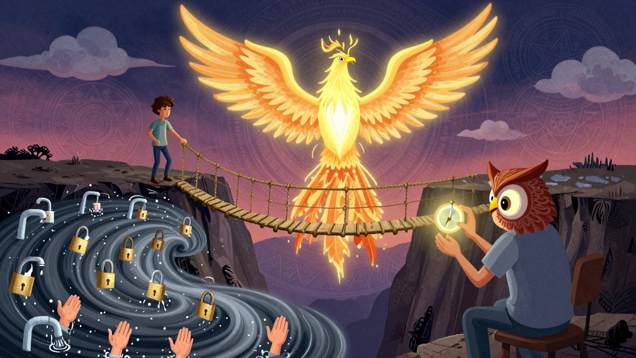 Persona su un ponte sospeso mentre un uccello alebrije la guida, pensieri neri si dissolvono in luce.