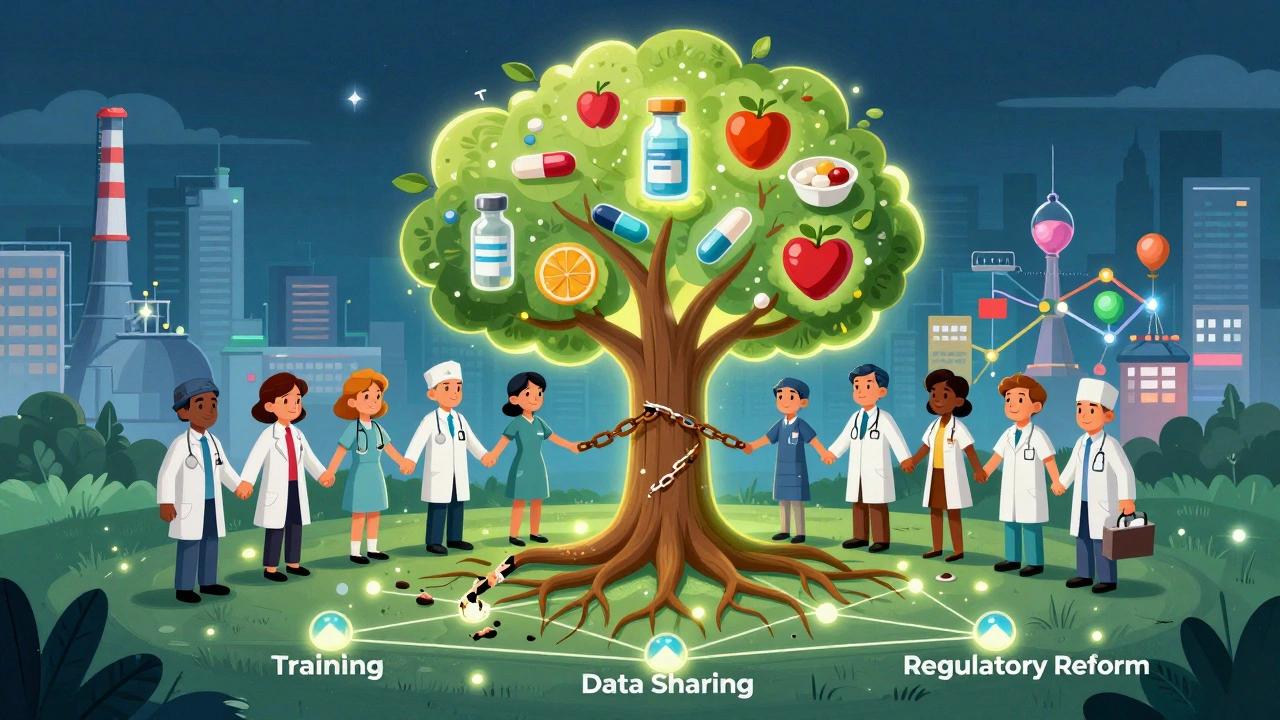 Professionisti della salute intorno a un albero che rappresenta formazione e dati, con medicinali come frutti.