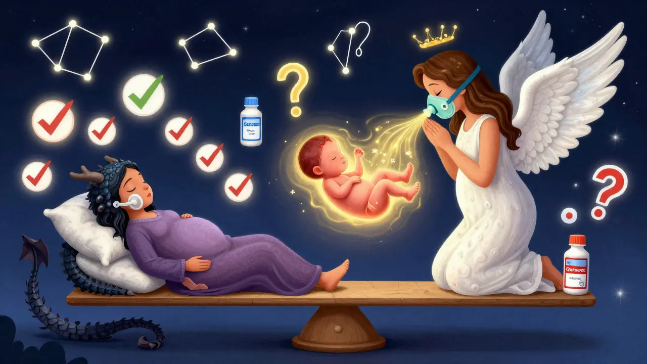 Scena onirica con drago e angelo che rappresentano l'apnea e la terapia CPAP, con simboli di salute prenatale.