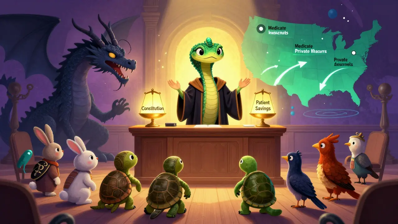 Serpente giudice che presiede un processo tra farmaceutici e pazienti, stile Alebrije.