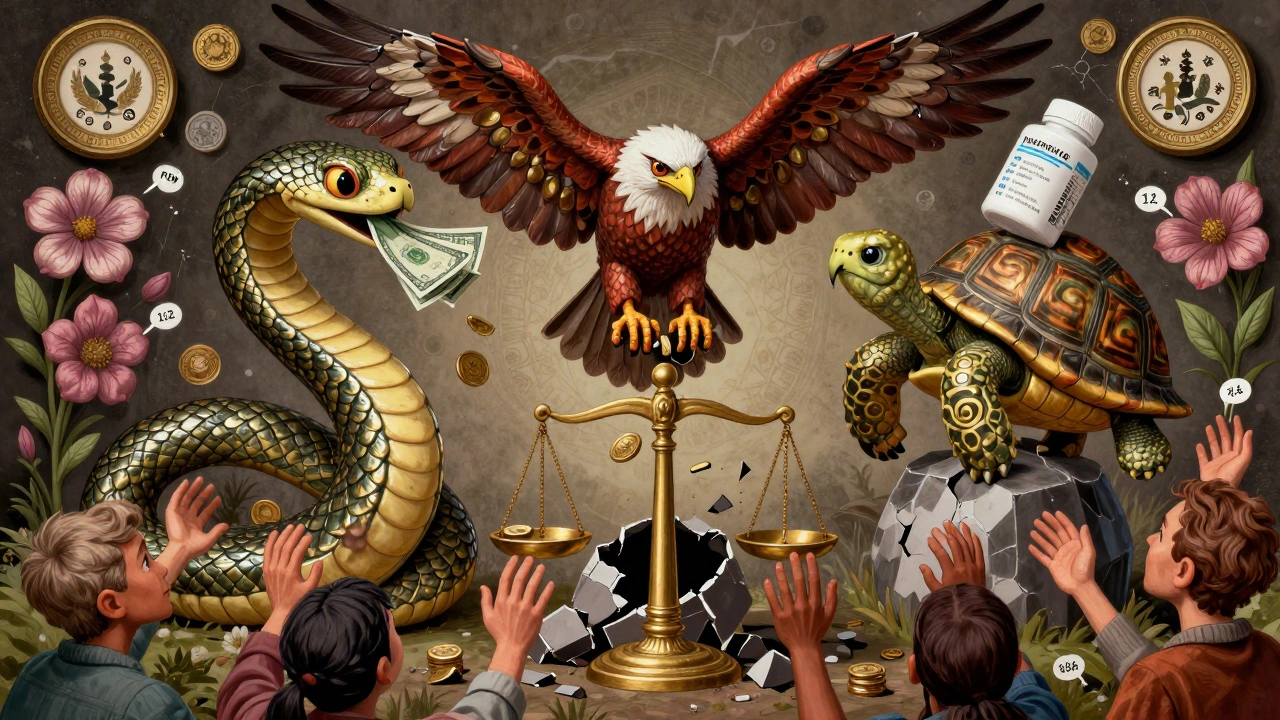 Tre animali spirituali che rappresentano l&#039;industria farmaceutica: un serpente, un falco e una tartaruga su una bilancia rotta.