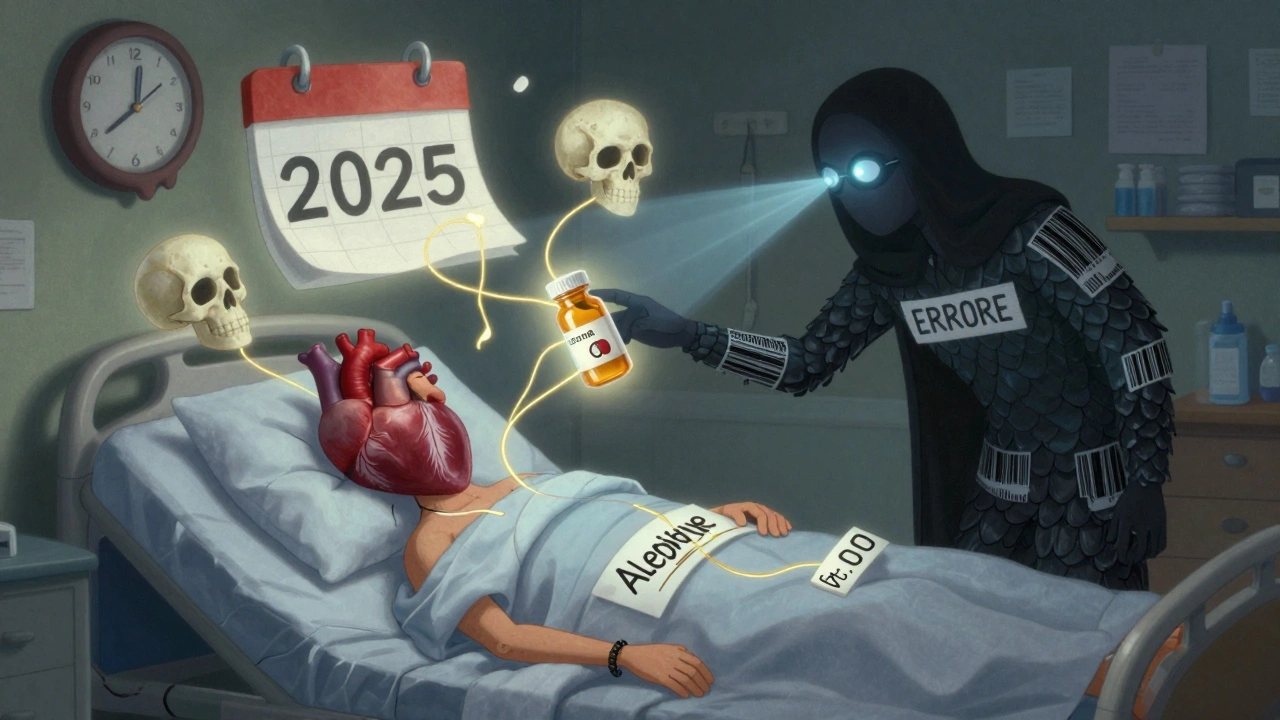 Un paziente è salvato da uno spirito alebrije che blocca un errore con uno scanner, mentre il nome e la data brillano.