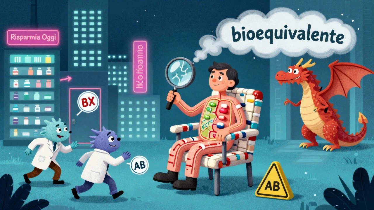 Un paziente guarda dentro il proprio corpo con una lente, rivelando percorsi identici per farmaci di marca e generici, in un mondo alebrije colorato.