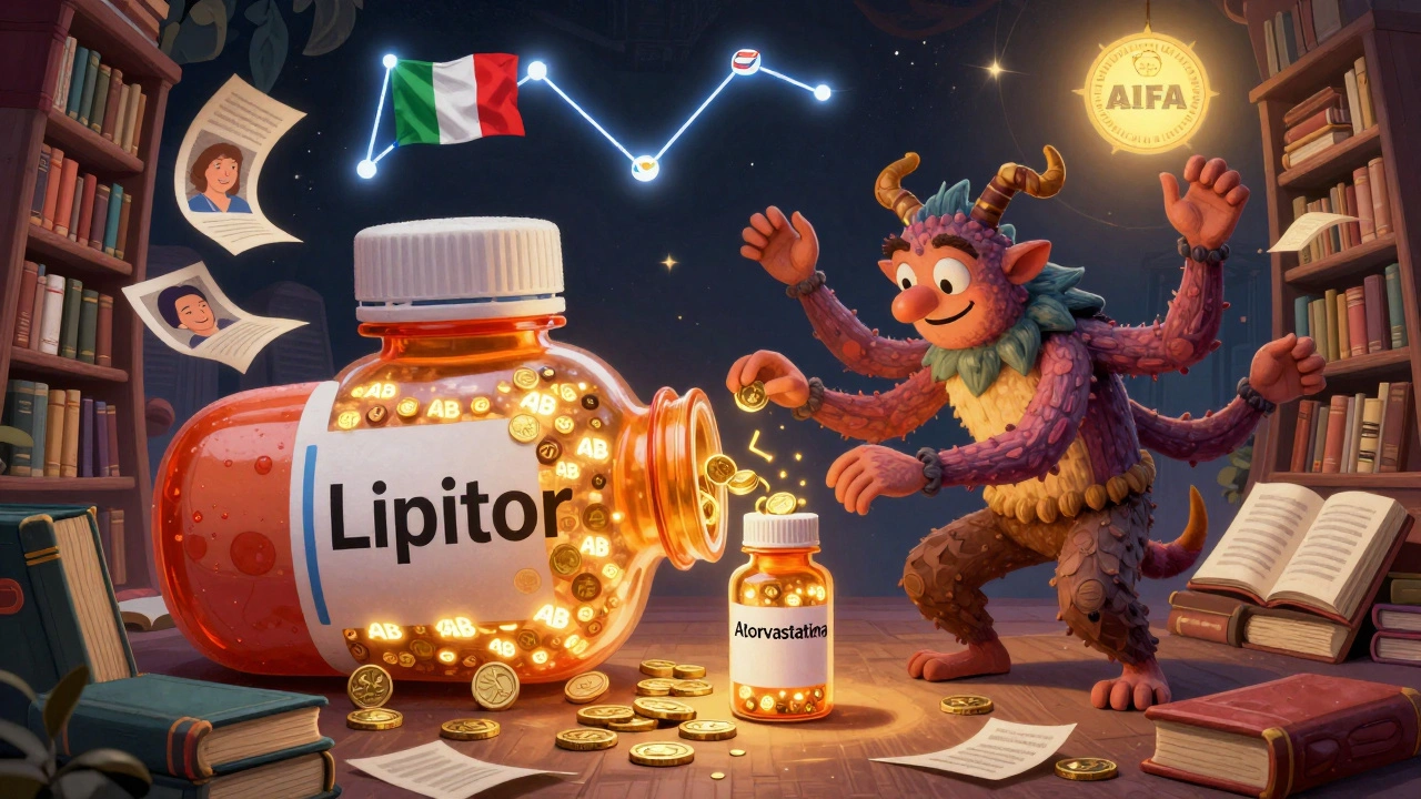 Una bottiglia di marca si trasforma in una versione generica, circondata da animali magici e codici AB che fluttuano come stelle in un laboratorio onirico.